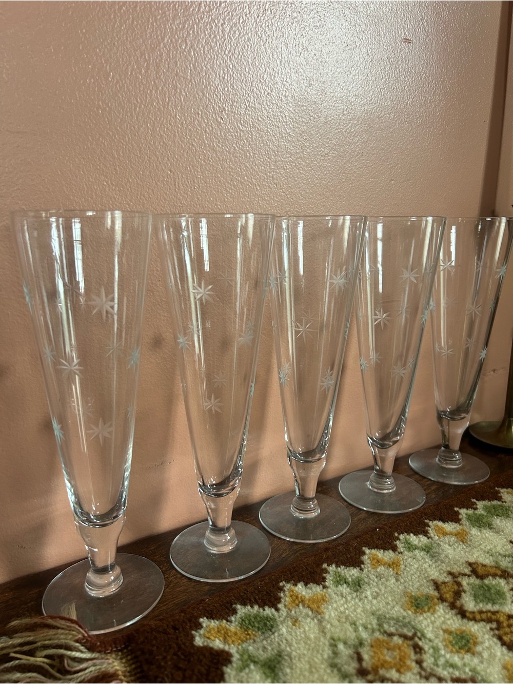 Vintage MCM 1960s Atomic Star Dust C G Quartzex Crystal Fluted Pilsner Glasses‎